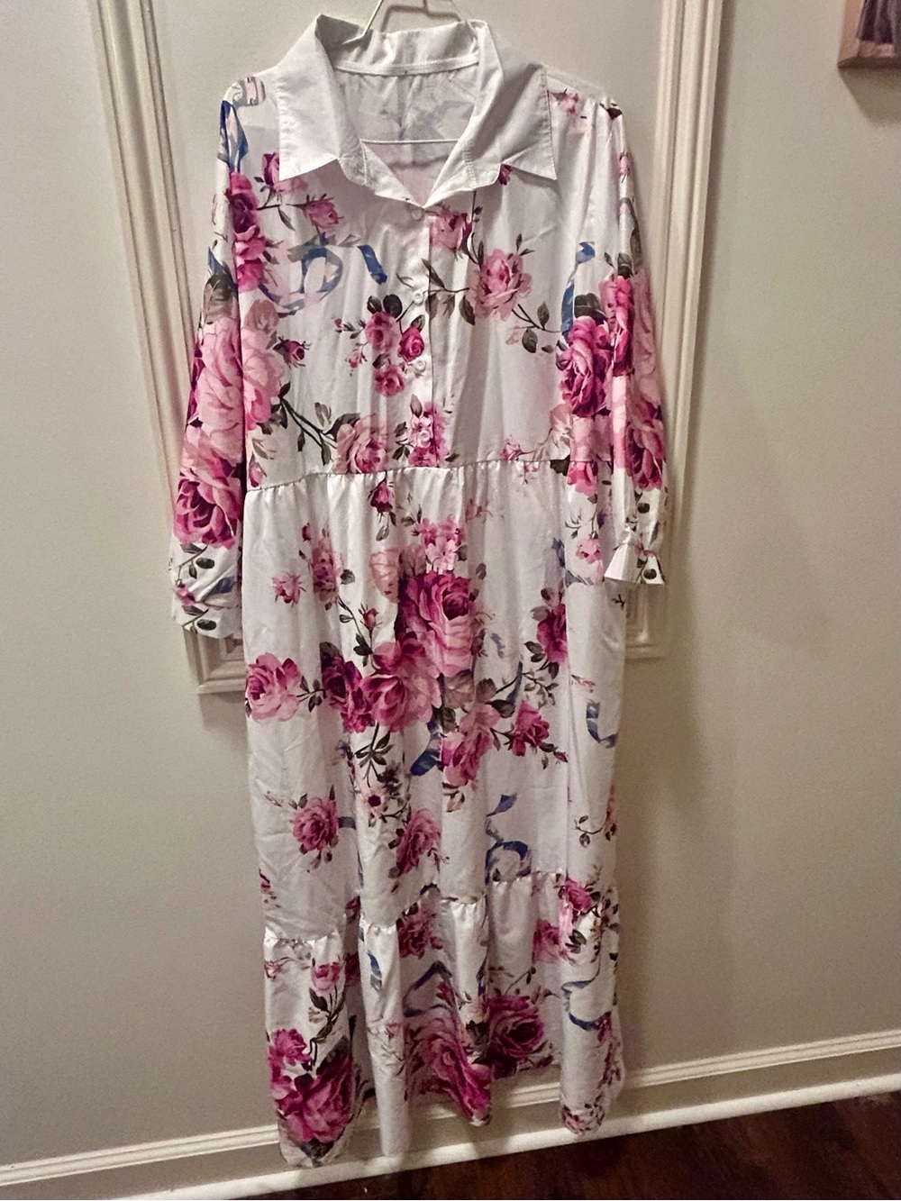 Plus Size Floral Maxi Dress in White with Pink Rose Print